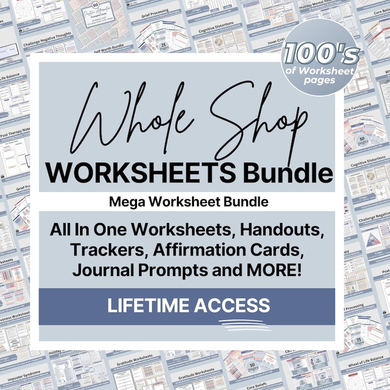 Printable CBT anxiety toolkit bundle showing anxiety coping worksheets thought record breathing exercises stress management tools digital PDF for mental health practice
