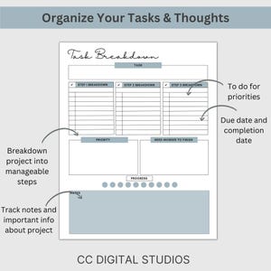 Close up of task breakdown worksheet highlighting fields for priority, dependencies, due dates, and status so teams can map big projects into actionable steps and track progress quickly in a clean, professional layout