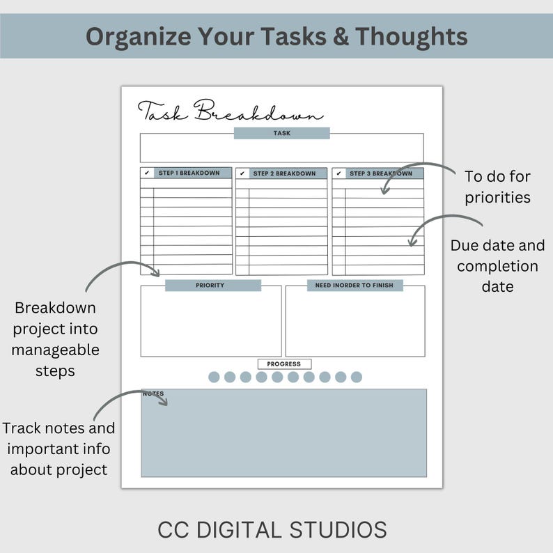 Close up of task breakdown worksheet highlighting fields for priority, dependencies, due dates, and status so teams can map big projects into actionable steps and track progress quickly in a clean, professional layout