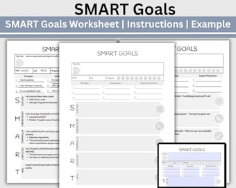 以下が含まれることがあります： SMART目標を設定するための印刷可能なワークシート。指示と例が記載されています。ワークシートは、SMARTの頭文字であるS（Specific）、M（Measurable）、A（Achievable）、R（Relevant）、T（Time-bound）の各セクションに分かれています。