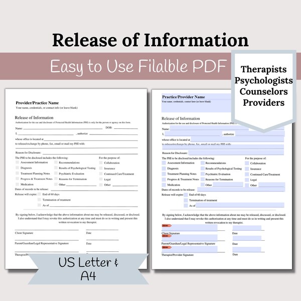 Release of Information, Informed Consent, Mental Health ROI, Private Practice Paperwork, Therapy Tools, Therapy Consent Form, HIPAA Form