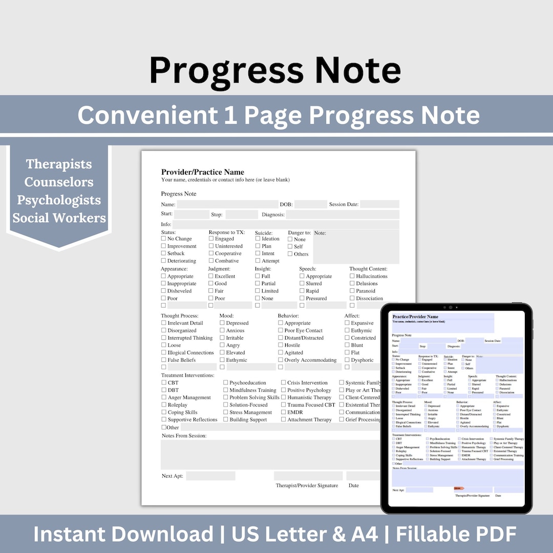 Mental Health Progress Note Template: Counselor Therapy Forms (US ...