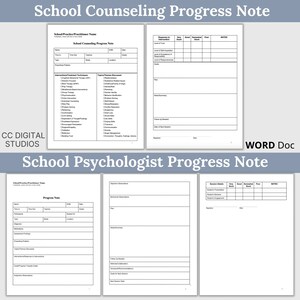 Digital download of school counseling document suite including referral for assessment form, psychologist progress notes, counselor progress notes, student information and intake forms in editable Word format for teachers and social workers.