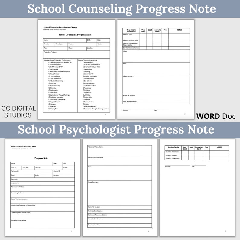 Digital download of school counseling document suite including referral for assessment form, psychologist progress notes, counselor progress notes, student information and intake forms in editable Word format for teachers and social workers.