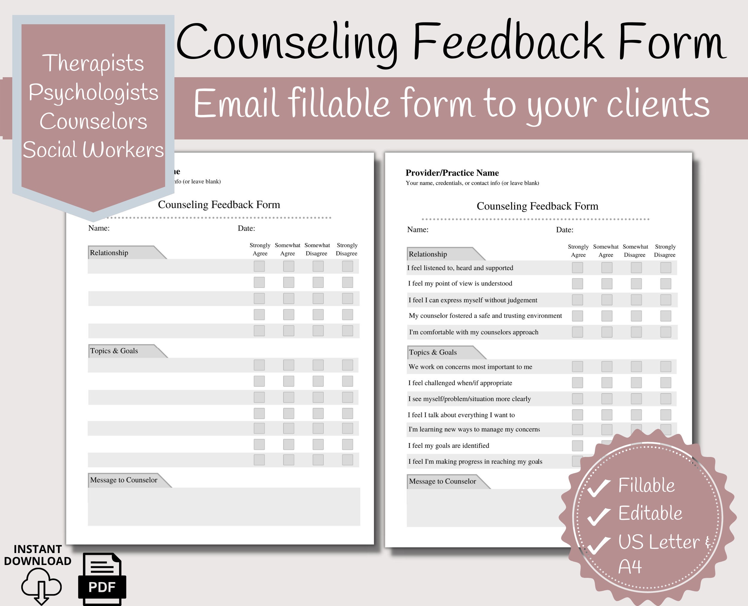 Counseling Feedback Form Fillable Feedback Form Client Etsy Uk