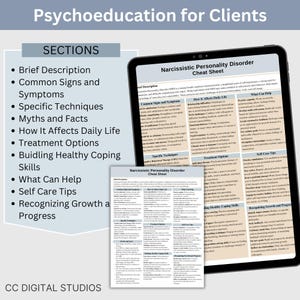 Narcissistic Personality Disorder Therapy Cheat Sheet, 2 IN 1 Psychoeducation for Client and Cheat Sheet for Counselors, Counseling Resource