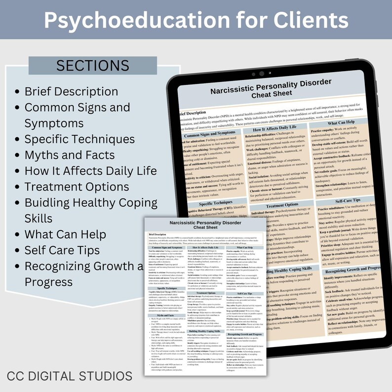 Narcissistic Personality Disorder Therapy Cheat Sheet, 2 IN 1 Psychoeducation for Client and Cheat Sheet for Counselors, Counseling Resource
