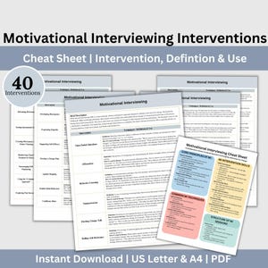 May include: A motivational interviewing cheat sheet featuring 40 interventions, definitions, and techniques. The cheat sheet is divided into sections, including core principles, intervention skills, common techniques, and the structure of motivational interviewing sessions.
