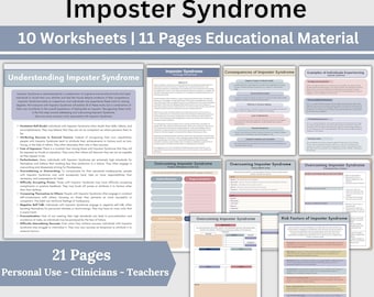 May include: A collection of 21-page worksheets and educational material about Imposter Syndrome. The material includes 10 worksheets and 11 pages of educational content. The text includes "Understanding Imposter Syndrome" and "Overcoming Imposter Syndrome".