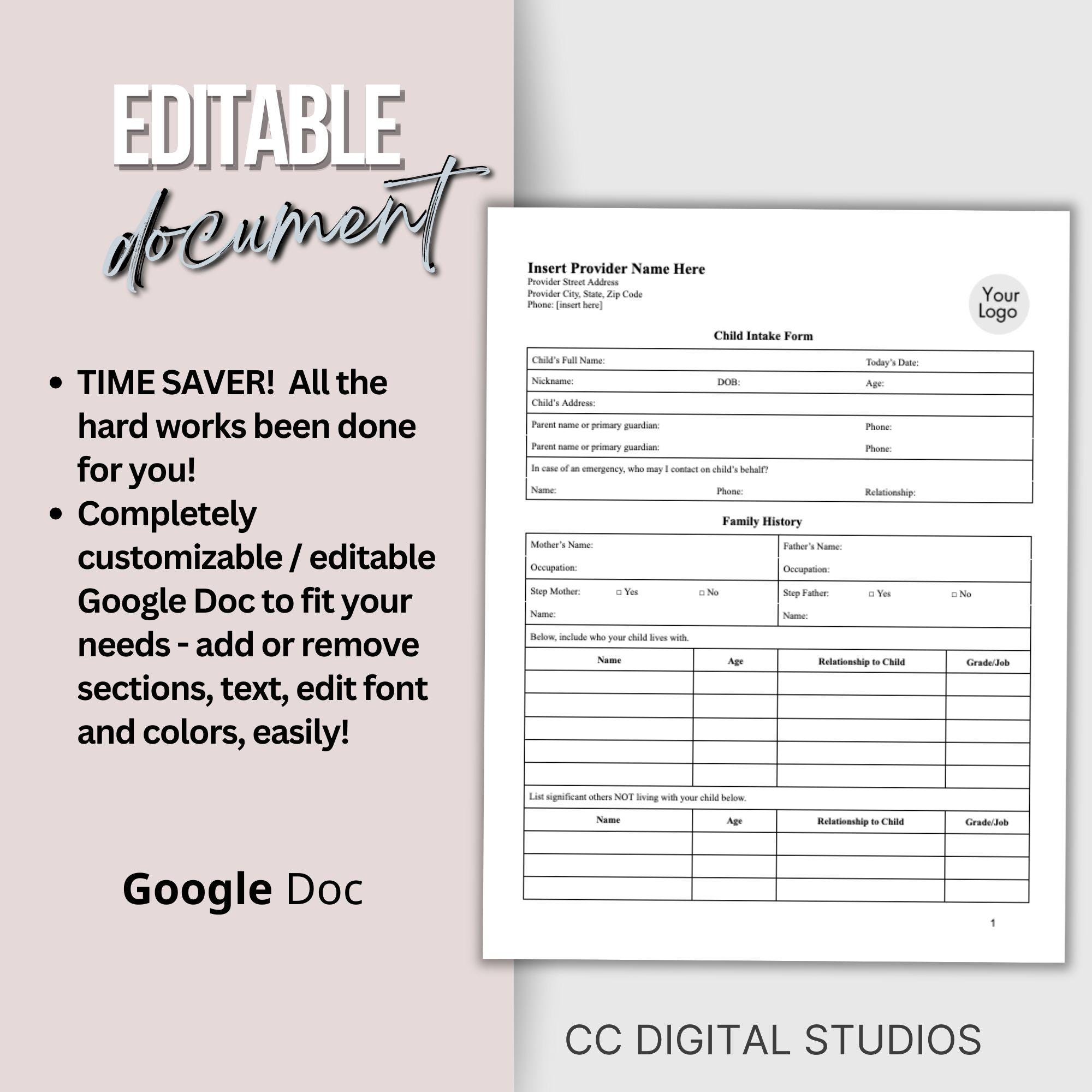 Child Intake Form: Mental Health Template (google Doc) - Etsy Australia