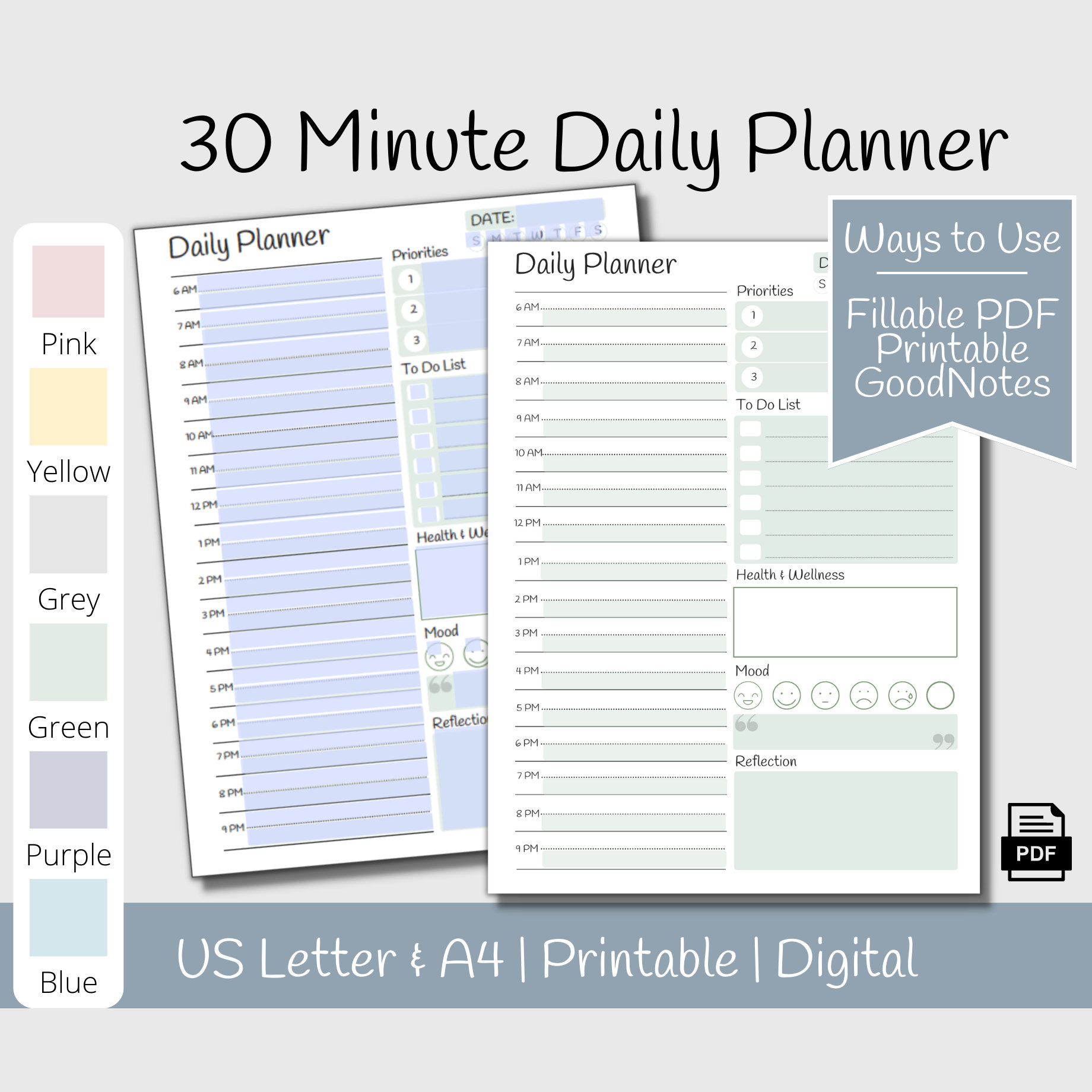 30 Minute Planner Printable, Simple Daily Planner, Time Blocking PDF ...