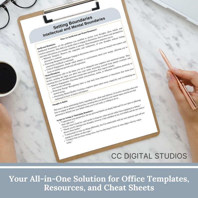 May include: A printable worksheet with the title "Setting Boundaries: Intellectual and Mental Boundaries". The worksheet provides tips on how to set boundaries for your thoughts, feelings, and energy. It includes sections on intellectual boundaries, mental boundaries, thoughts & beliefs, and scripts for setting & maintaining boundaries.
