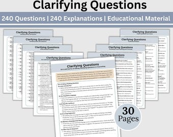 May include: A set of 10 printable PDF pages with clarifying questions for counseling. The pages are in a light blue color with black text. The title of the document is "Clarifying Questions" and the text includes "Do's and Don'ts of Asking Clarifying Questions in Counseling".