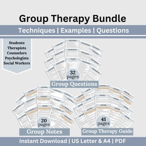May include: A digital download bundle of group therapy resources for students, therapists, counselors, psychologists, and social workers. The bundle includes 32 pages of group questions, 20 pages of group notes, and 41 pages of a group therapy guide. The bundle is available in US Letter and A4 sizes and is in PDF format.