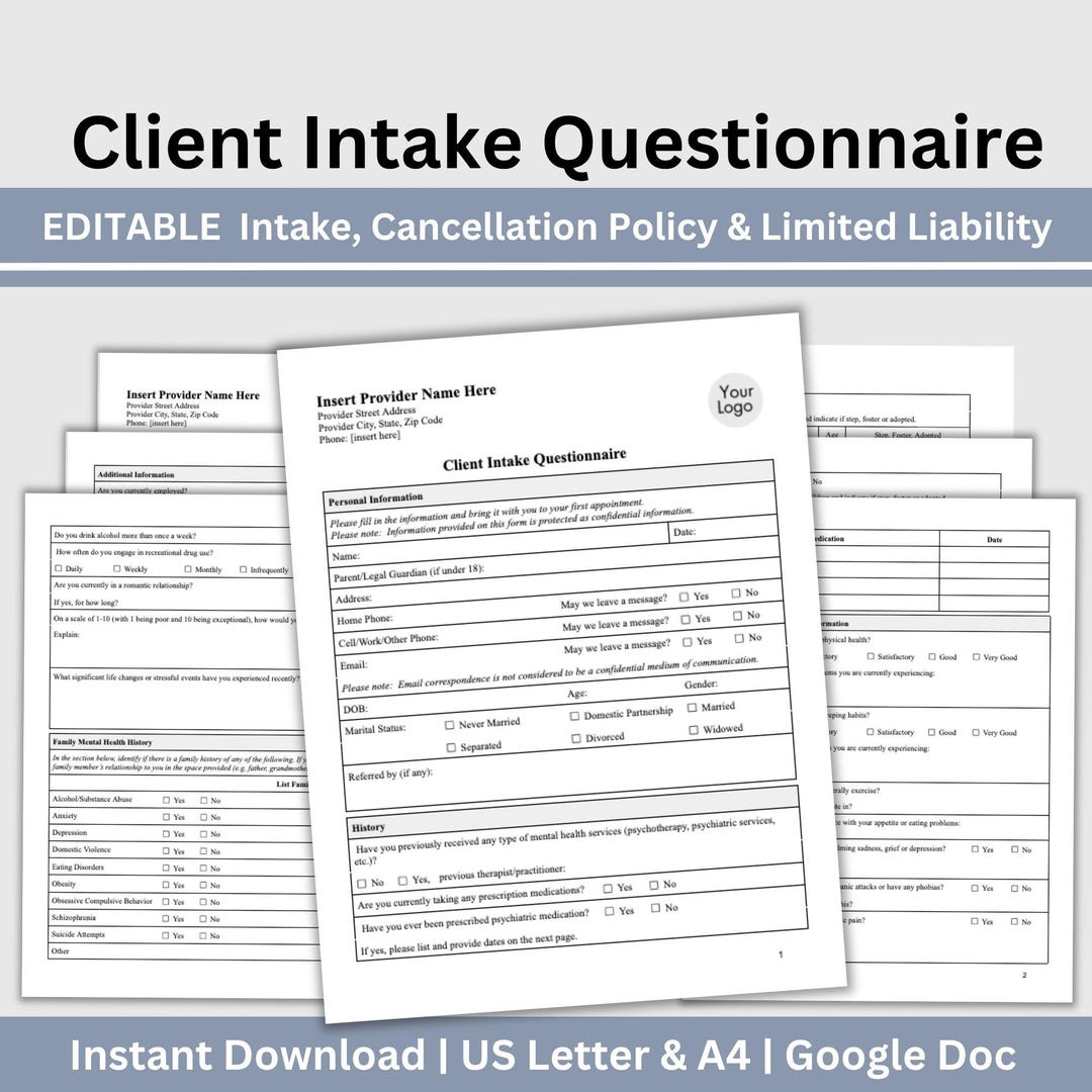 Client Intake Questionnaire Mental Health Forms Digital Download Google ...