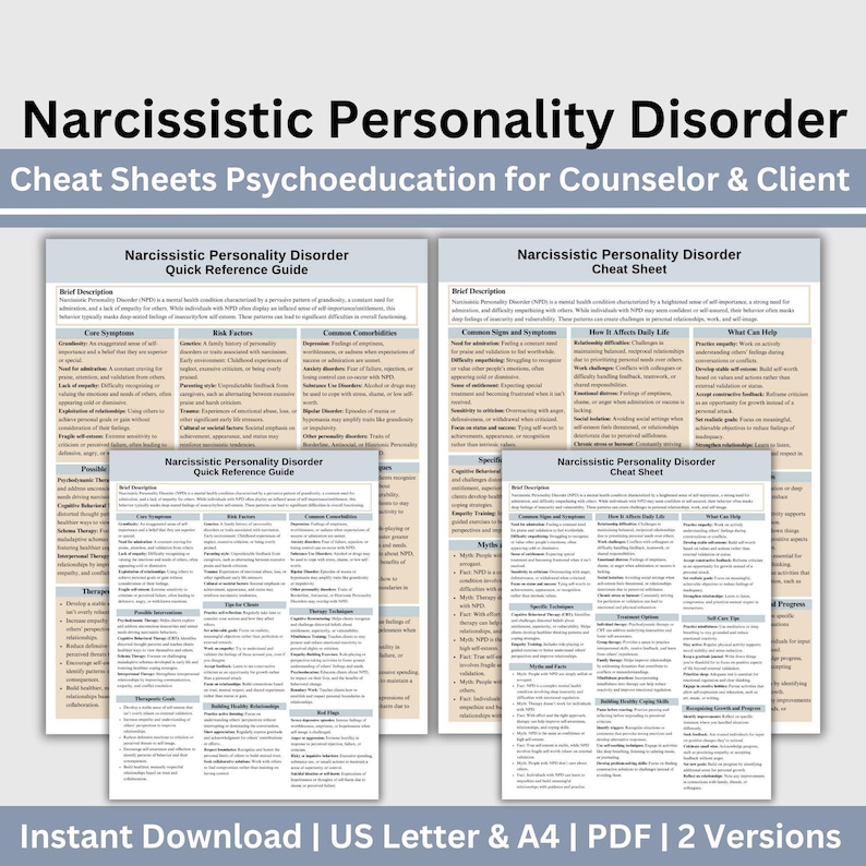 Narcissistic Personality Disorder Therapy Cheat Sheet, 2 IN 1 Psychoeducation for Client and Cheat Sheet for Counselors, Counseling Resource
