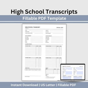 May include: A high school transcript fillable PDF template document featuring sections for student information, school details, and academic records for grades 9 through 12, displayed alongside a laptop screen showing the same digital form.