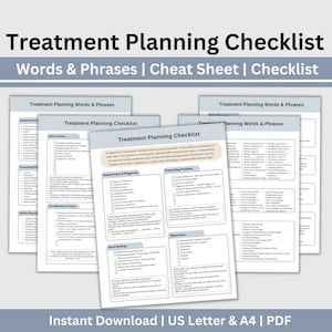 Treatment Plan Checklist for Therapist Documentation, Therapy Cheat Sheet, Reference Sheet for Private Practice Therapist Office