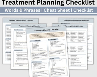 May include: A printable checklist for treatment planning with words and phrases to help therapists and counselors create a comprehensive treatment plan. The checklist includes sections for assessment and diagnosis, presenting problem, objectives, goal setting, and coordination of care.
