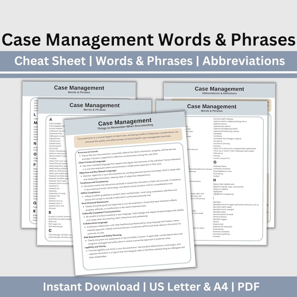 Case Manager Cheat Sheet, Verbiage for Notes and Documentation, Social Worker, School Counselor, Therapists Office, Reference Sheet