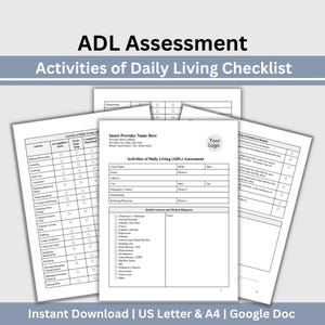 Peut inclure: Plusieurs formulaires en papier blanc pour une évaluation des AVQ (Activités de la Vie Quotidienne). Les formulaires comprennent des listes de contrôle, des détails d'évaluation et une section sur les problèmes de santé. Le texte comprend "Activities of Daily Living Checklist".