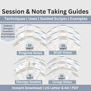 May include: A digital download of 57 pages of progress notes, 50 pages of SOAP notes, 16 pages of therapy session notes, and 20 pages of group notes. The notes are designed for students, therapists, counselors, psychologists, and social workers. The notes are in a light blue and white color scheme and are labeled with the number of pages. The text "Instant Download | US Letter & A4 | PDF" is at the bottom of the image.