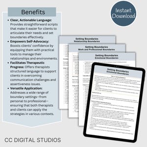 May include: A digital download of printable worksheets for setting boundaries in relationships, work, and personal life. The worksheets include scripts and tips for communicating assertively and protecting your emotional energy.
