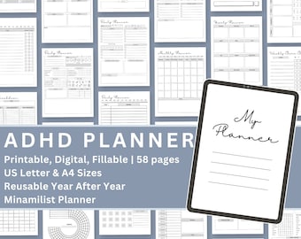 May include: A black and white printable planner with the text "ADHD PLANNER" and "My Planner" on the cover. The planner is designed to be reusable year after year and includes 58 pages of different layouts for daily, weekly, and monthly planning. The planner is available in US Letter and A4 sizes.