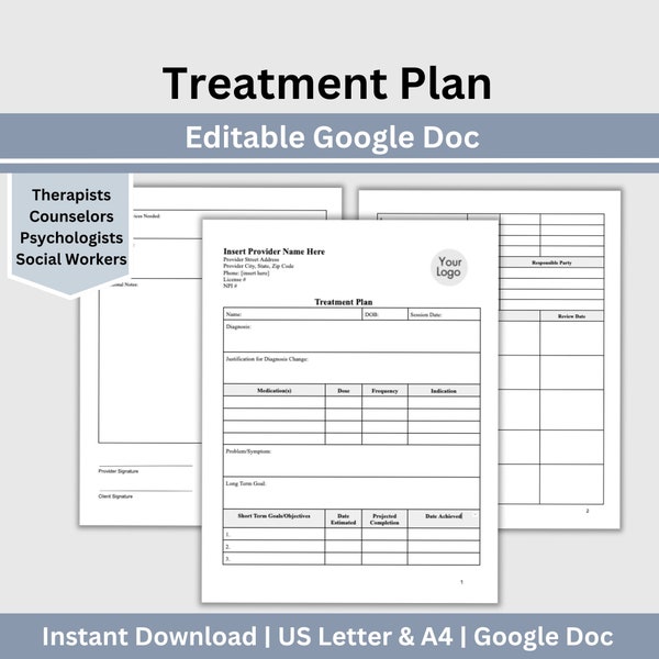 Treatment Plan Template Editable Google Doc Form, Mental Health Treatment Planner, Counseling Office Therapy Session Notes, Psychotherapy