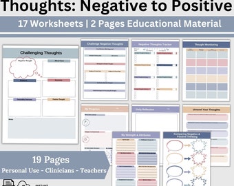 Hojas de trabajo de terapia cognitivo conductual: Desafiar los pensamientos negativos, registro de pensamientos (PDF imprimible)