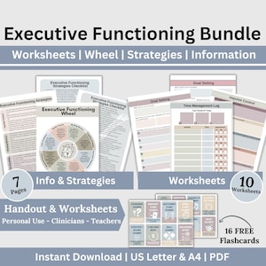 May include: A digital download bundle for executive functioning skills. The bundle includes 7 pages of information and strategies, 10 worksheets, and 16 free flashcards. The worksheets include activities like goal setting, time management, and impulse control. The bundle is designed for personal use, clinicians, and teachers.