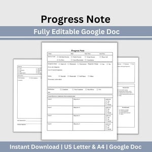 Pode incluir: Um modelo de nota de progresso digital formatado como um Google Doc totalmente editável. O documento apresenta seções para informações do cliente, códigos de serviço, status de sintomas e objetivos com caixas de seleção.