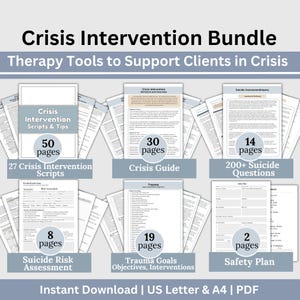 Könnte beinhalten: Ein digitales Download-Paket mit druckbaren Therapie-Tools zur Unterstützung von Klienten in Krisensituationen. Das Paket enthält 50 Seiten mit Skripten und Tipps zur Krisenintervention, 30 Seiten mit einem Krisenleitfaden, 14 Seiten mit über 200 Fragen zum Thema Suizid, 8 Seiten mit einer Suizidrisikobewertung, 19 Seiten mit Traumazielen, Zielen und Interventionen sowie 2 Seiten mit einem Sicherheitsplan.
