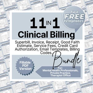 Puede incluir: Un paquete de descarga digital de 11 plantillas de facturación clínica para profesionales de la salud mental, prácticas privadas y oficinas de terapeutas. Las plantillas son versiones PDF rellenables e incluyen una superfactura, factura, recibo, estimación de buena fe, tarifas de servicio, autorización de tarjeta de crédito, plantillas de correo electrónico y códigos de facturación. El texto "Dos plantillas gratuitas" está en un banner en la parte superior de la imagen.