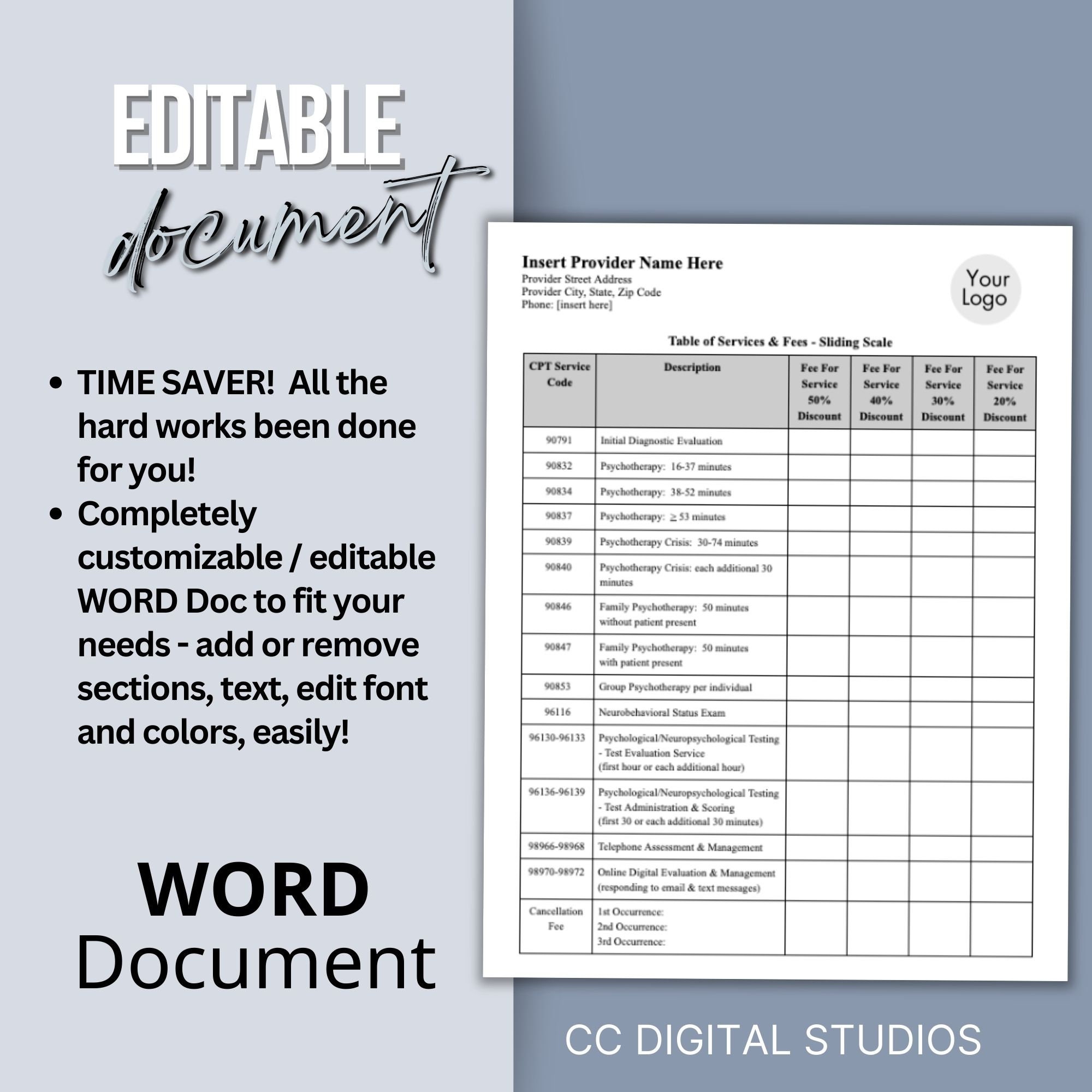 Clinical Fees Template Sliding Fee Table Editable WORD Doc Therapy