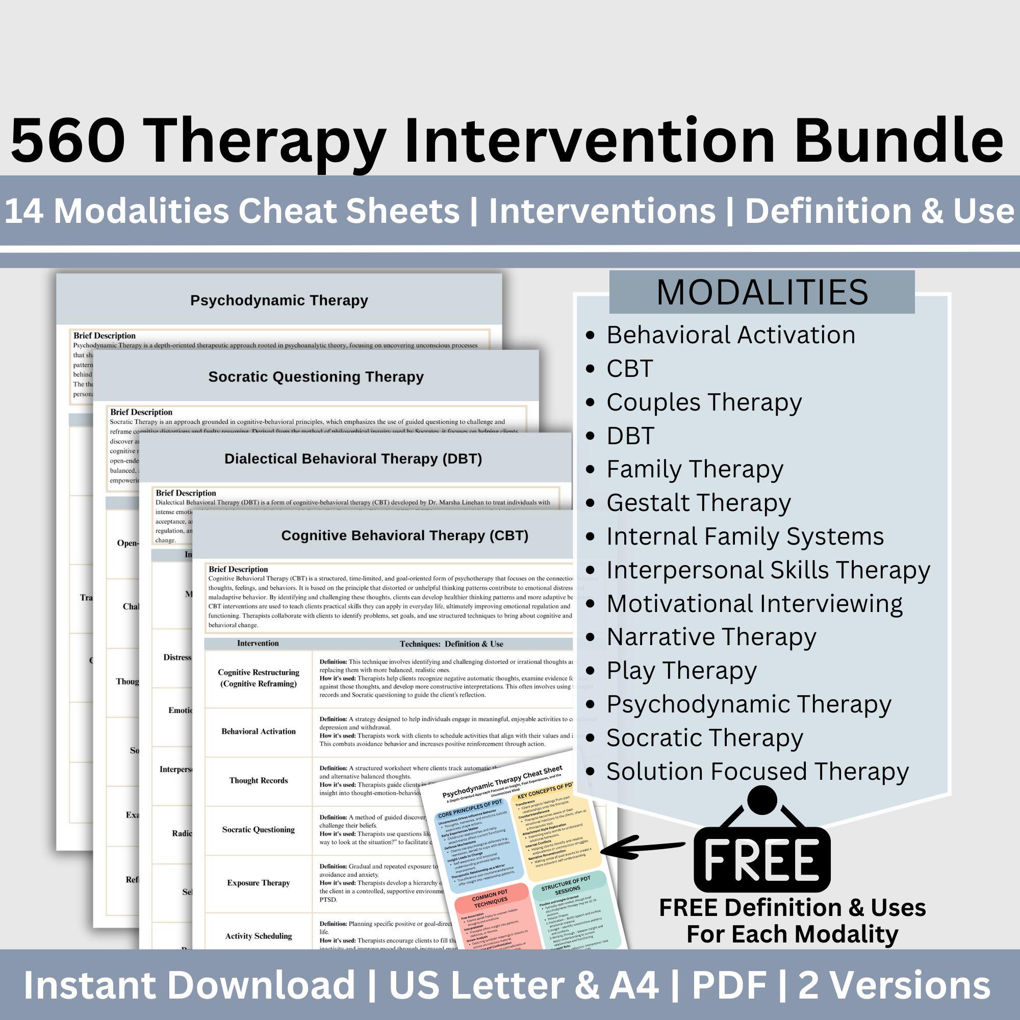 Therapy Interventions Cheat Sheet Bundle: 14 Modalities (digital ...