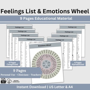 Peut inclure: Un ensemble de 9 pages imprimables de matériel éducatif pour enseigner les sentiments et les émotions. L'ensemble comprend 4 pages de listes de sentiments classées par émotion, 4 pages de listes de sentiments classées par ordre alphabétique et 1 page avec une roue des émotions.