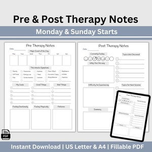 May include: A printable PDF document with a black and white design. The document is titled "Pre & Post Therapy Notes" and includes sections for "Pre Therapy Notes" and "Post Therapy Notes". The document is designed for use on Mondays and Sundays.