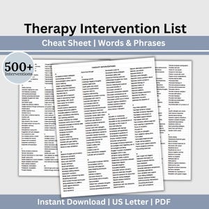 May include: A printable therapy intervention list cheat sheet with over 500 words and phrases. The list is organized into categories such as "Build Trust Through", "Develop Safety Strategies", "Explore Alternative Perspectives", and "Facilitate Emotion Regulation".