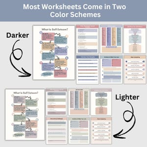 Mental health coping bundle display with structured CBT worksheets anxiety thought logs self-soothing prompts for stress relief and emotional balance toolkit download