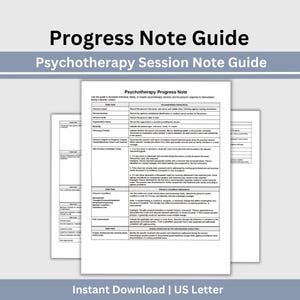 Puede incluir: Un documento blanco titulado Progress Note Guide y Psychotherapy Session Note Guide. La página presenta una tabla estructurada con columnas para campos de datos e instrucciones de documentación para sesiones de psicoterapia.