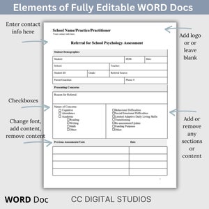 Detailed pages from school counseling bundle in editable Word format with structured areas for assessment questions and progress notes to help organize student support documentation.