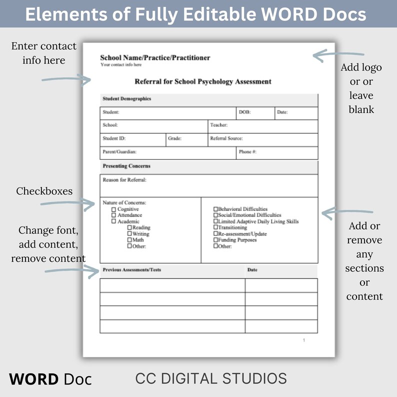 Detailed pages from school counseling bundle in editable Word format with structured areas for assessment questions and progress notes to help organize student support documentation.