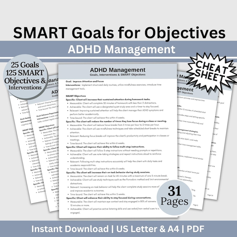 ADHD SMART Goals Planner cover showing executive function treatment planning worksheet PDF digital download for ADHD coaching and goal-setting guidance