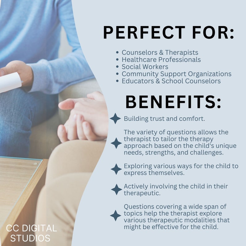 1,430 Child Therapy Questions.  Therapy cheat sheets – resource for your counseling office, school psychology, or social work practice.  Child therapy tools