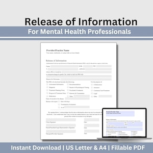May include: A fillable PDF document titled "Release of Information For Mental Health Professionals." The form includes sections for provider information, patient details, and reasons for disclosure. A laptop displays a digital version of the form.