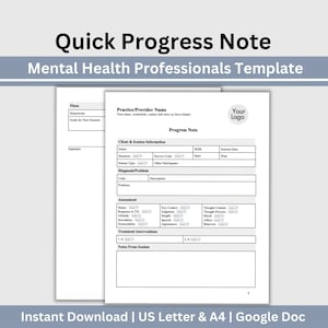 Verlaufsnotiz für psychiatrische Kliniker, bearbeitbares Google Doc, Fortschrittsnotiz für Kunden, Beratung, Psychotherapie, Therapeuten Vorlage