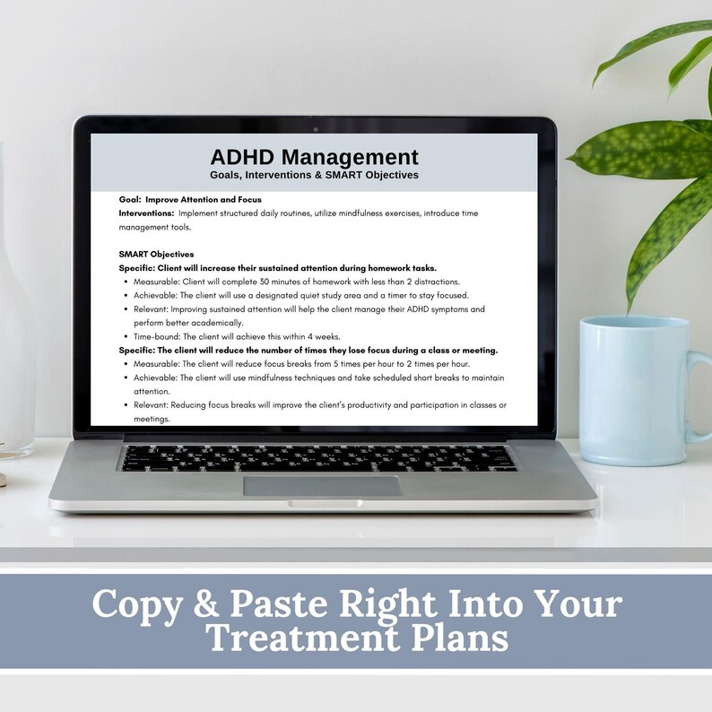 Digital ADHD SMART Goals Planner PDF printable worksheet for objective-based goal setting and executive function coaching tool in ADHD treatment plan