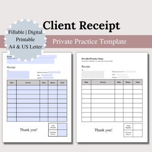 Therapy Client Receipt, Fillable PDF Private Practice Templates, Therapist Documentation, Billing Template, Business Forms, Counseling Forms