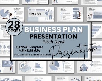 Business Plan Pitch Deck, 28 Canva Presentation Slides (Digital Download)